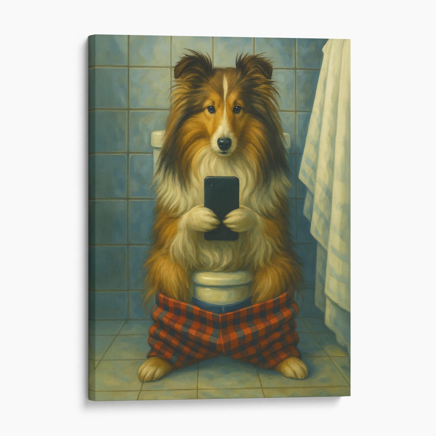 Sheltie Dog On The Phone On The Toilet