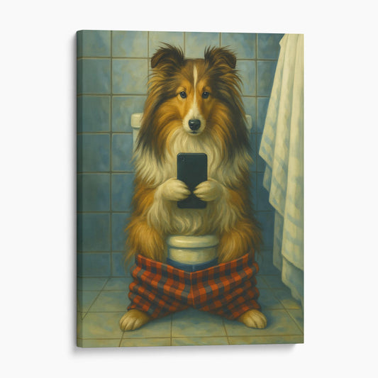 Sheltie Dog On The Phone On The Toilet