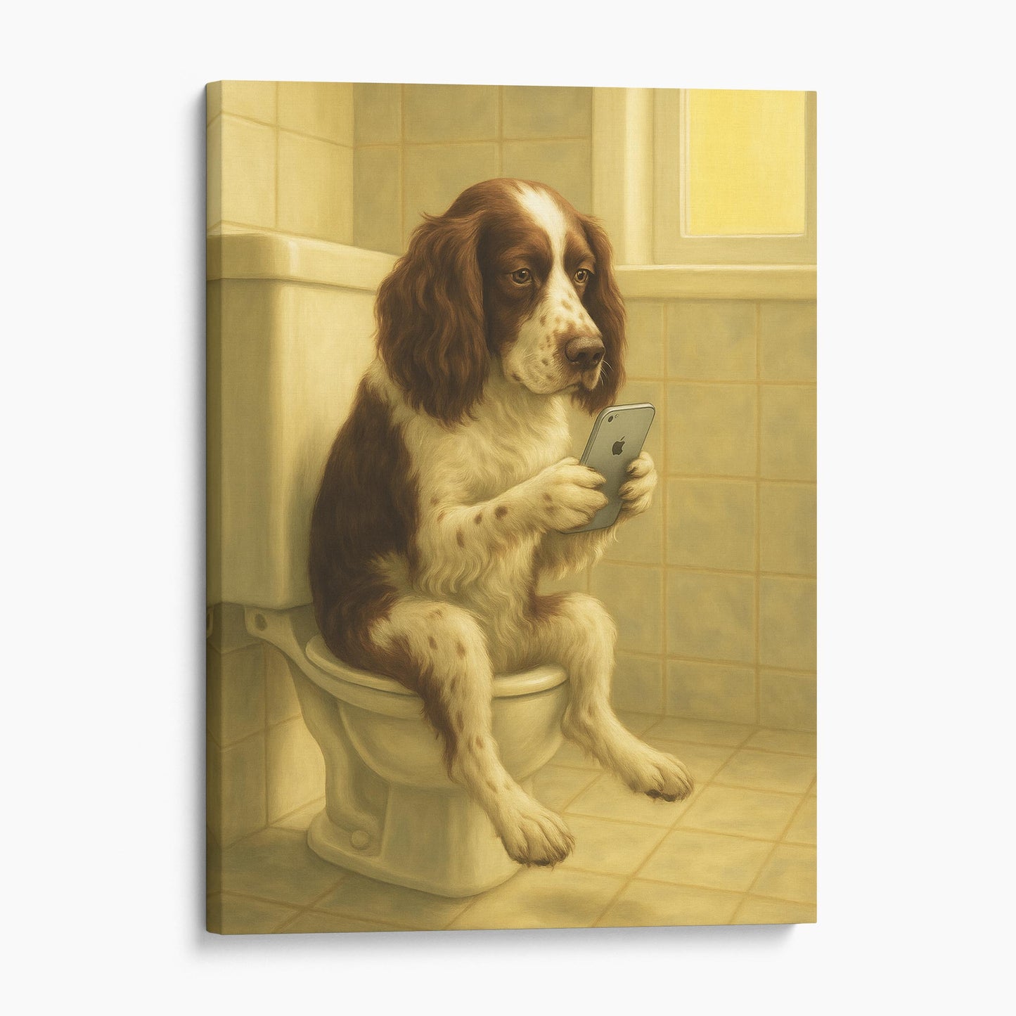English Springer Spaniel Dog On The Phone On The Toilet