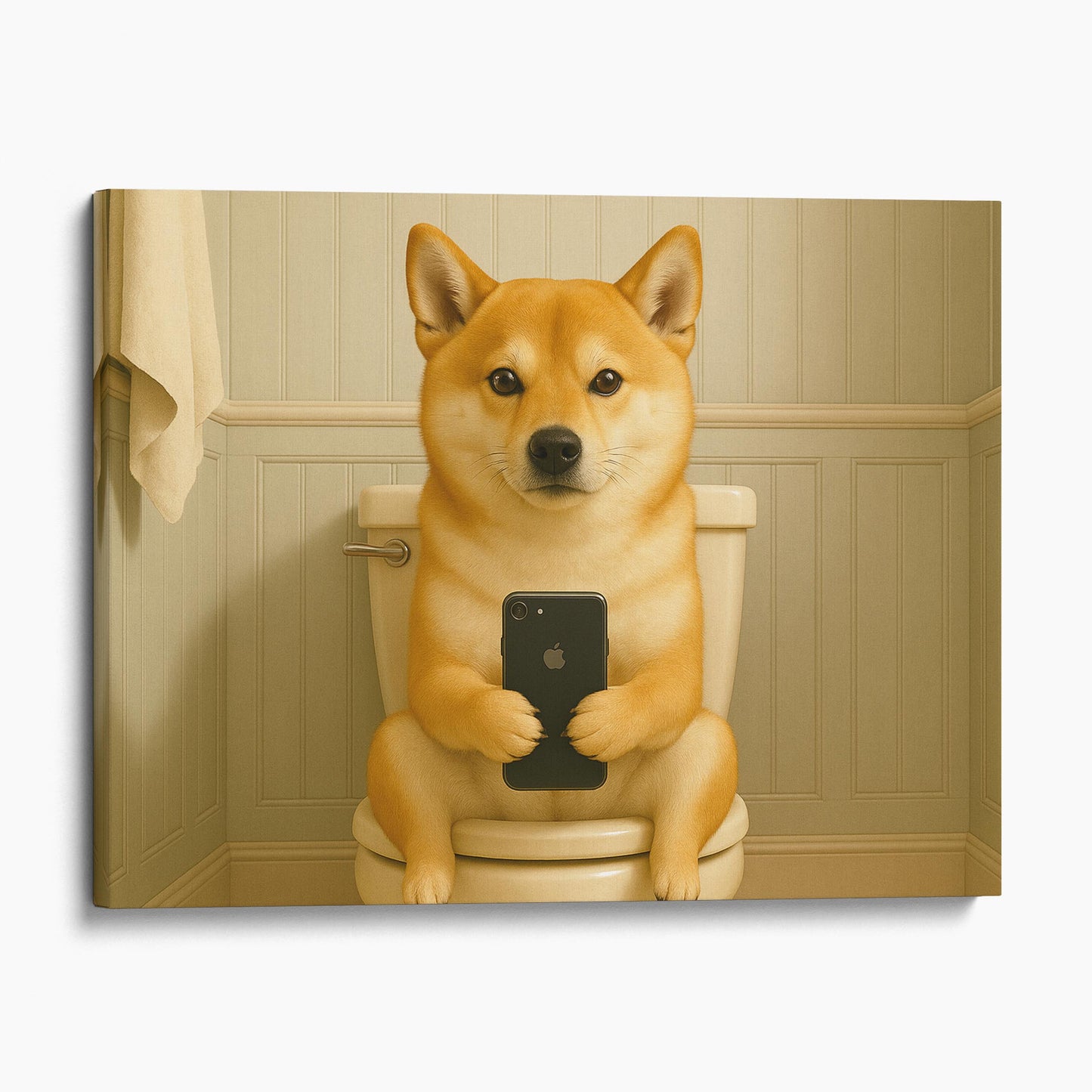 Shiba Inu Dog On The Phone On The Toilet