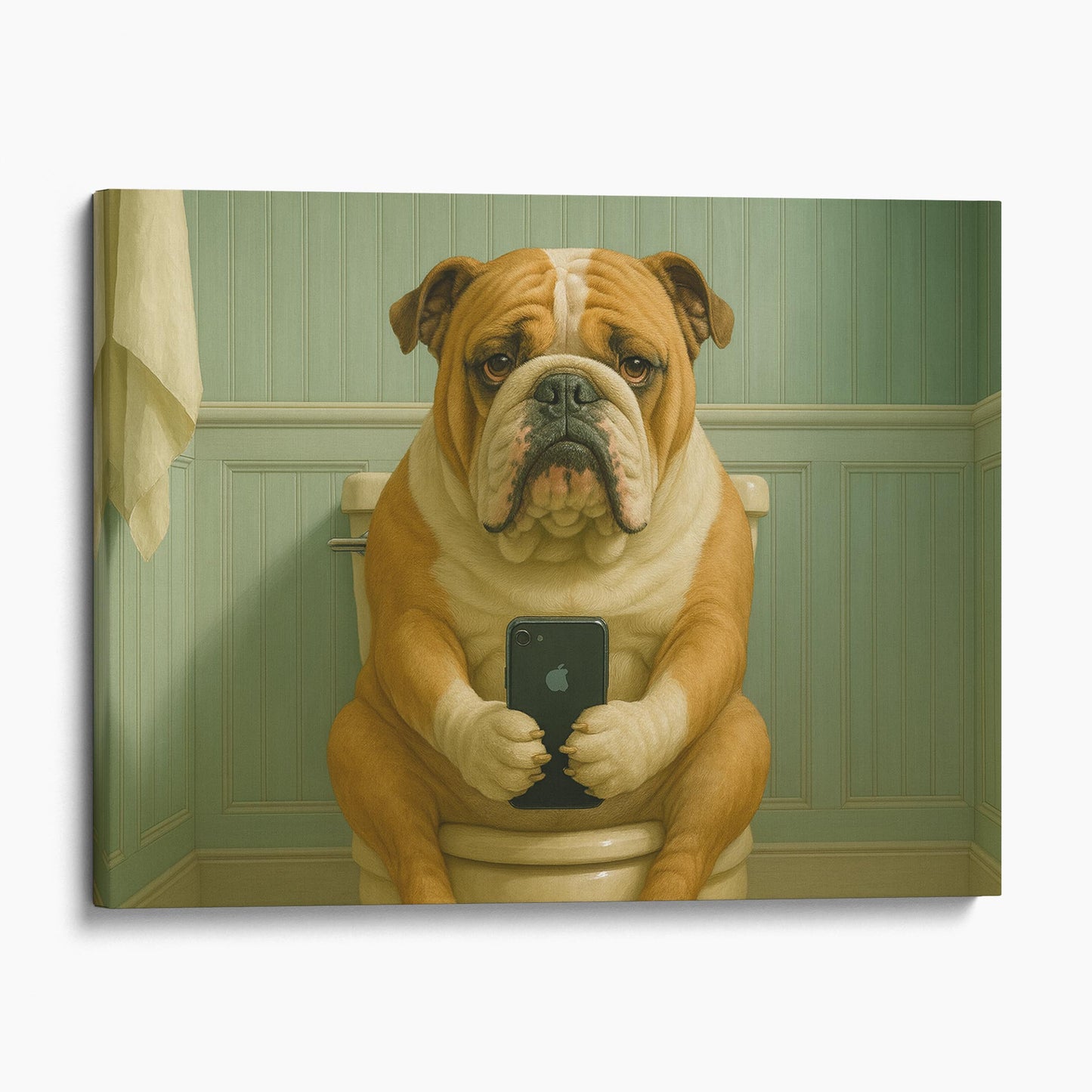 Bulldog On The Phone On The Toilet