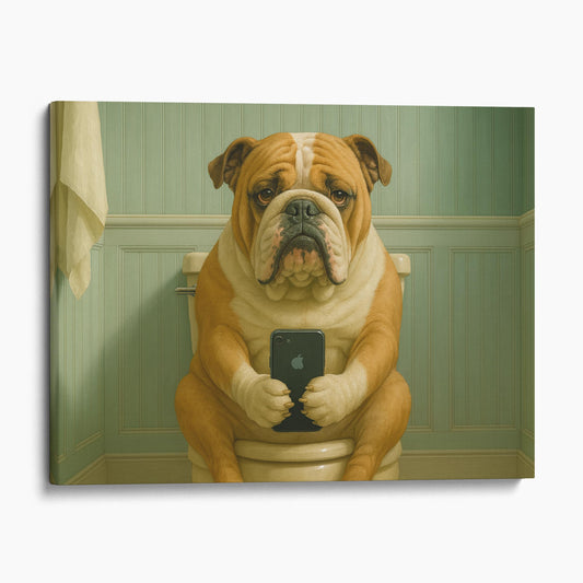 Bulldog On The Phone On The Toilet