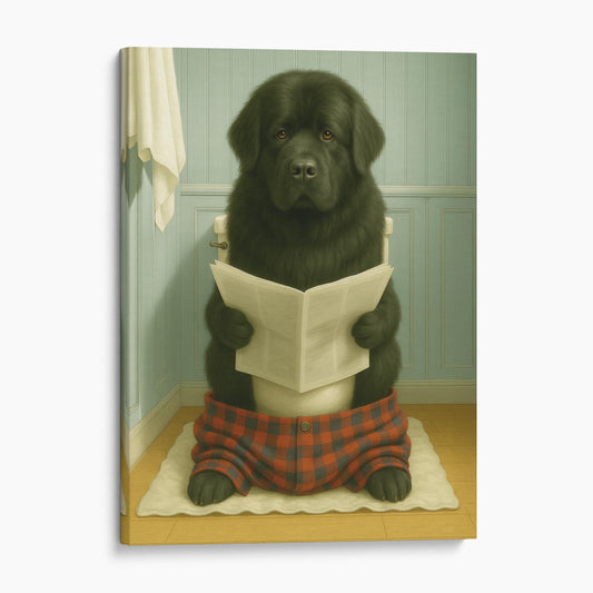 Newfoundland Dog Reading The Newspaper On The Toilet