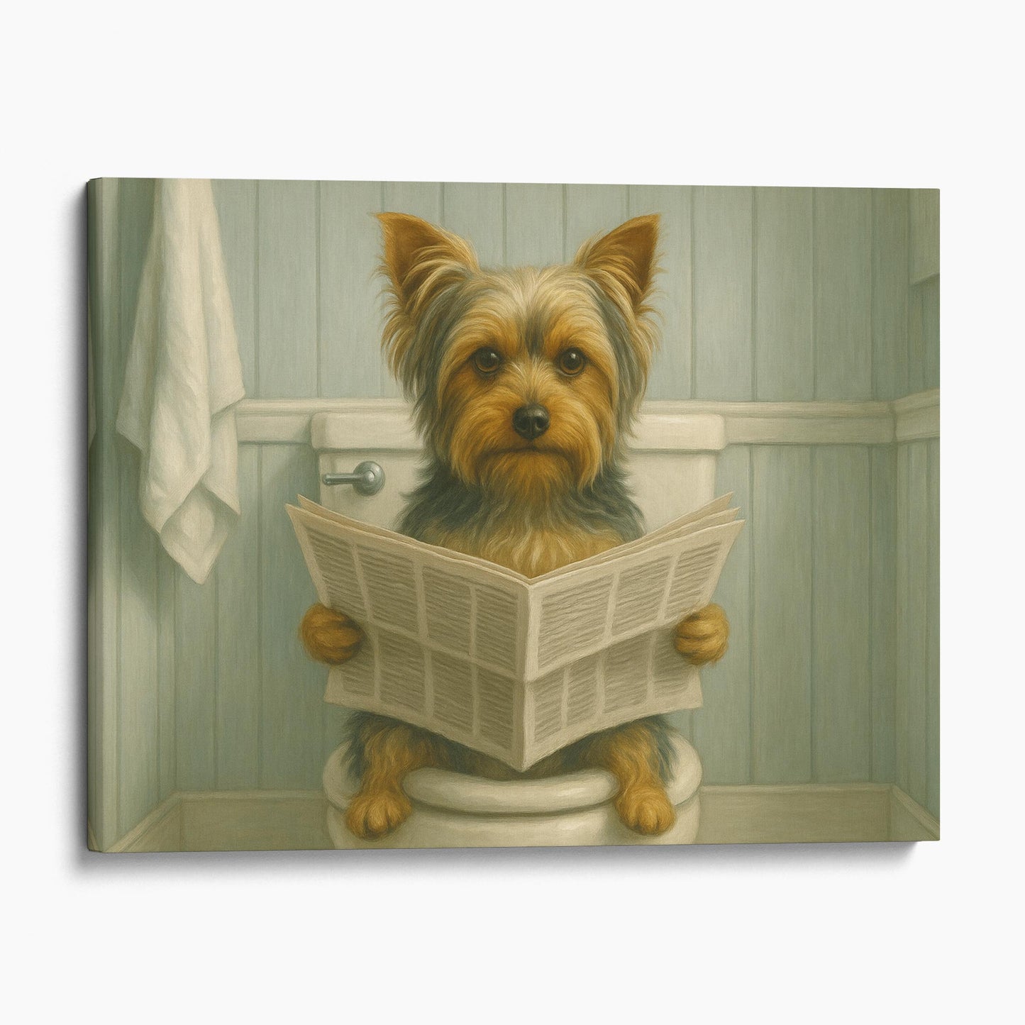 Yorkshire Terrier Reading The Newspaper On The Toilet