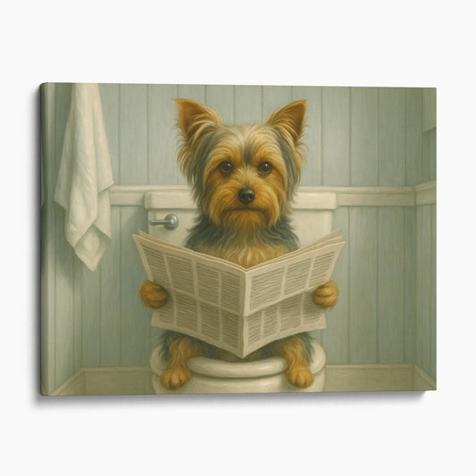 Yorkshire Terrier Reading The Newspaper On The Toilet