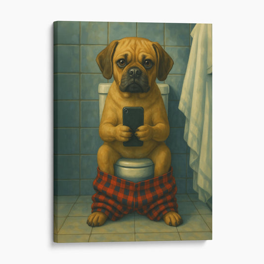 Puggle Dog On The Phone On The Toilet