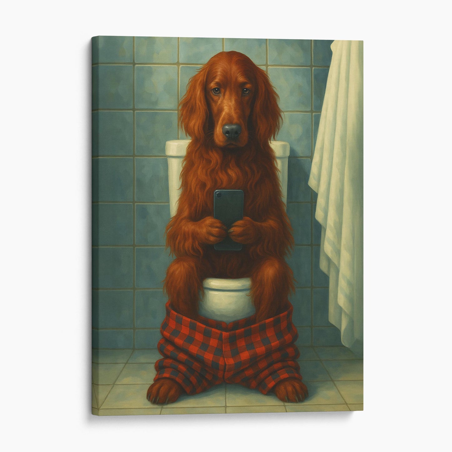 Irish Setter Dog On The Phone On The Toilet