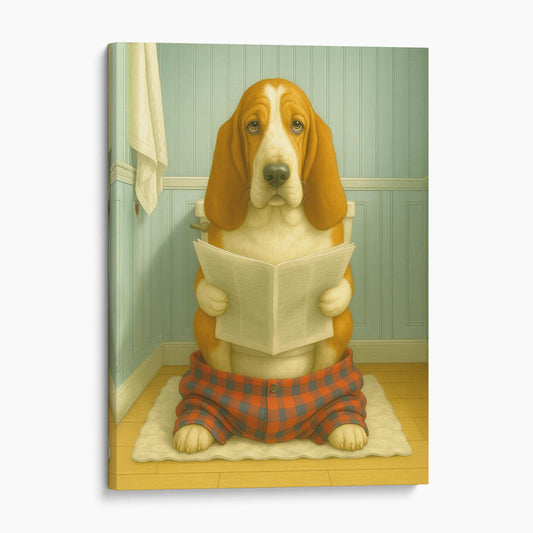 Basset Hound Dog Reading The Newspaper On The Toilet