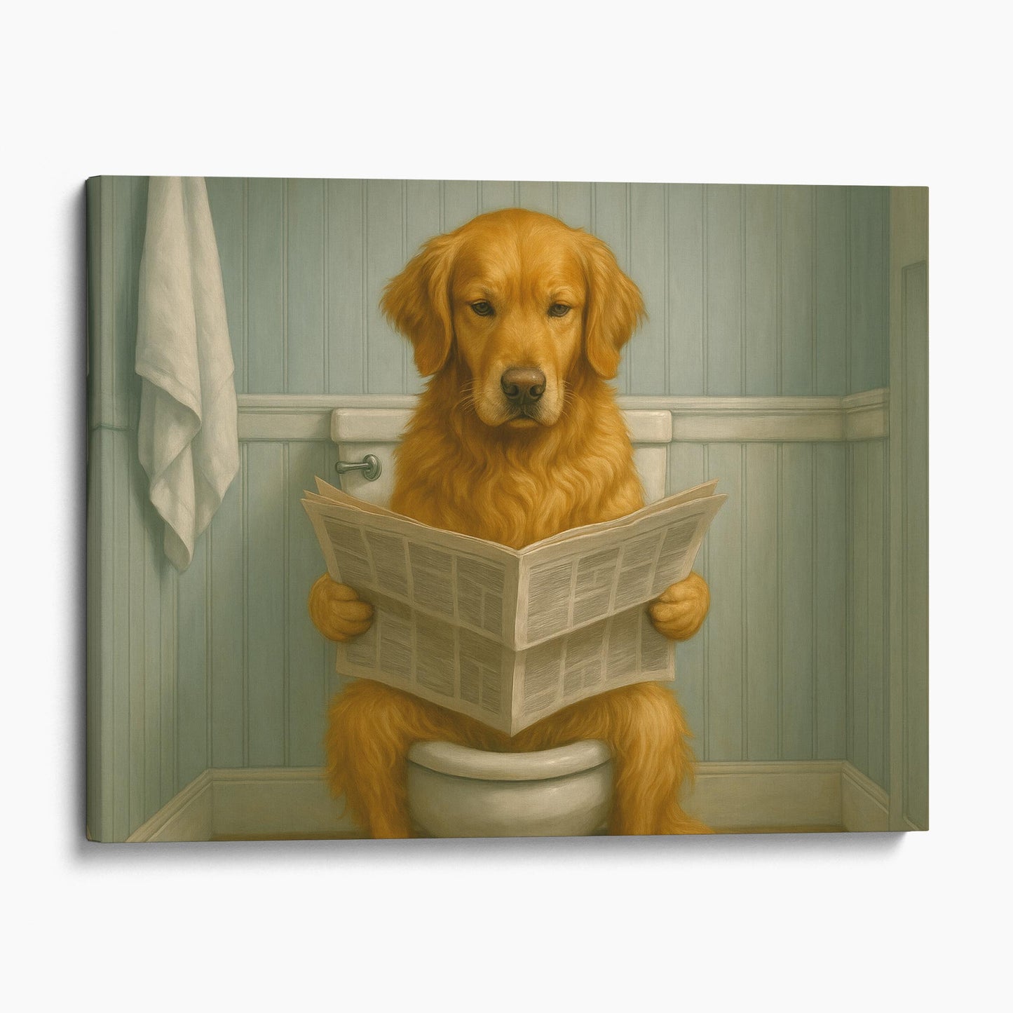 Golden Retriever Reading The Newspaper On The Toilet