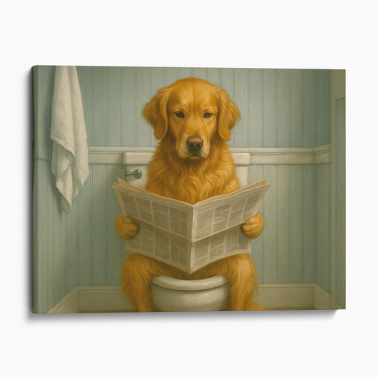Golden Retriever Reading The Newspaper On The Toilet