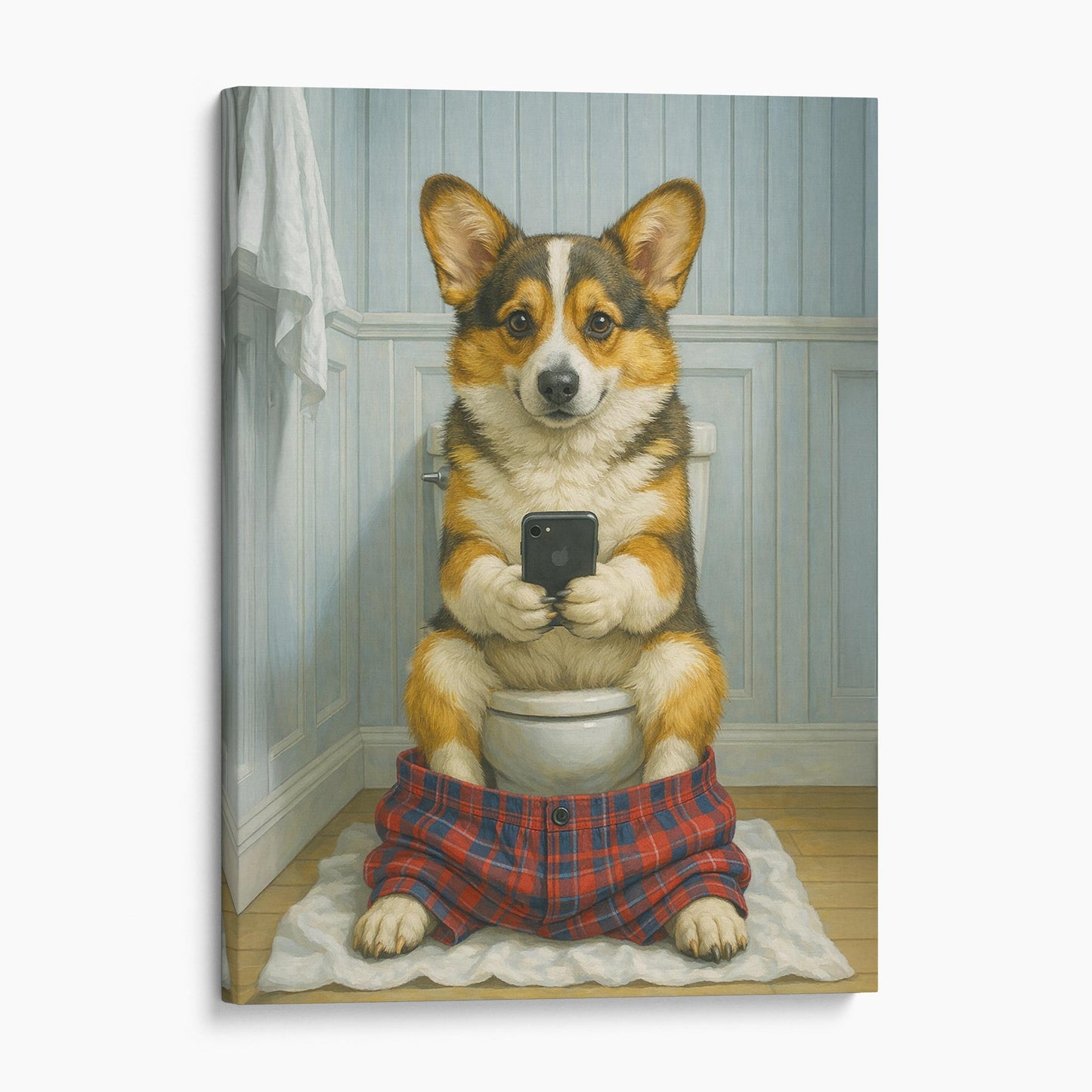 Cardigan Welsh Corgi Dog On The Phone On The Toilet