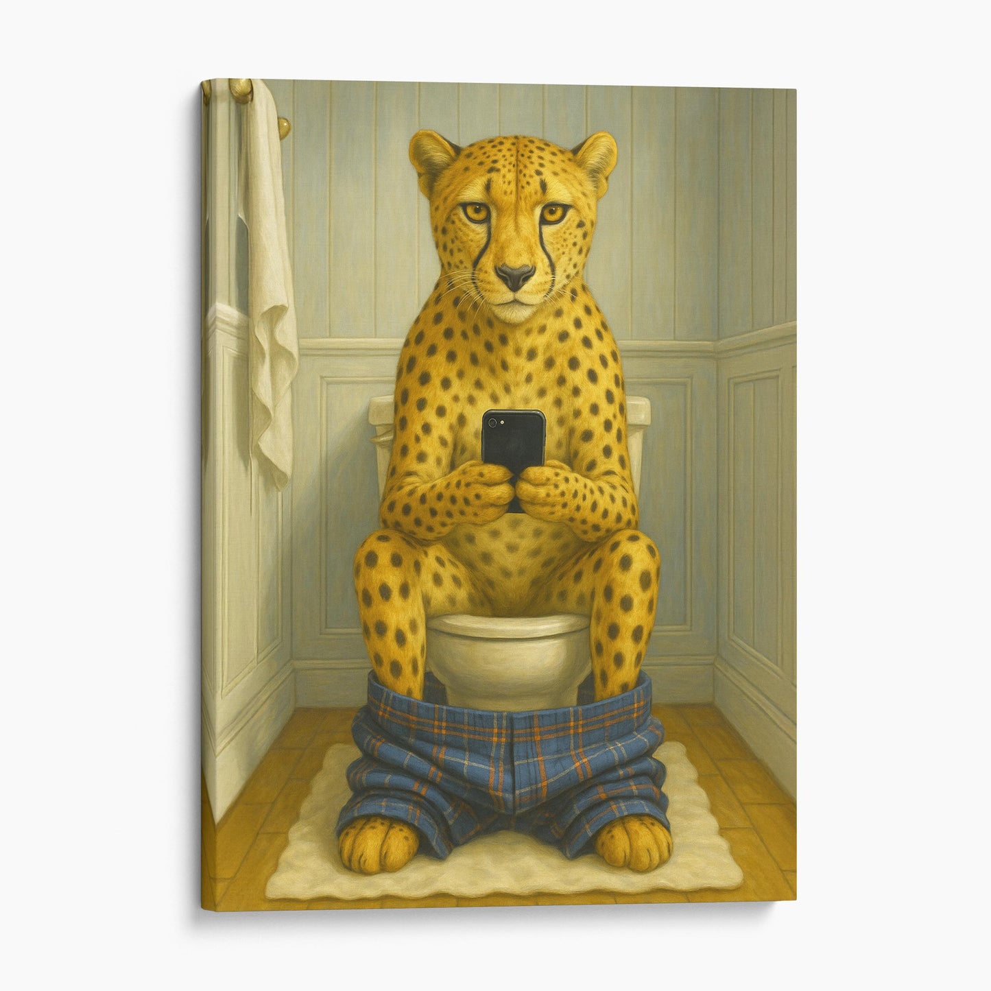 Cheetah On The Phone On The Toilet