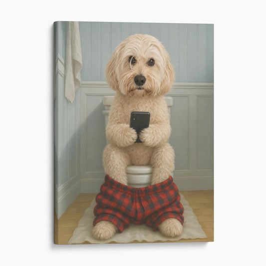 Cockapoo Dog On The Phone On The Toilet