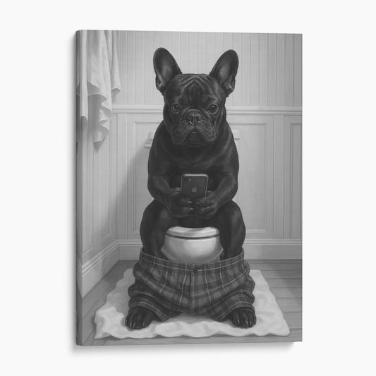 French Bulldog On The Phone On The Toilet