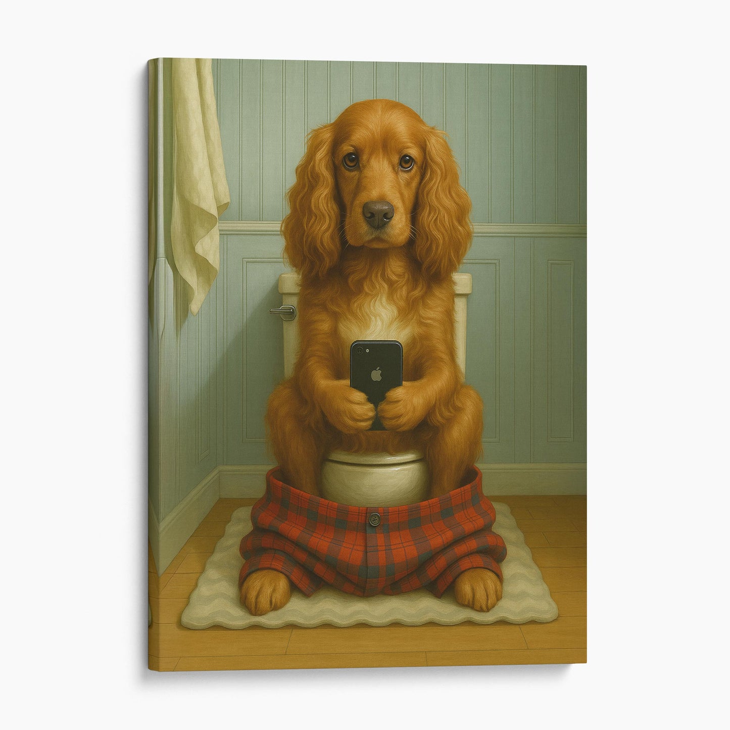 Cocker Spaniel Dog On The Phone On The Toilet