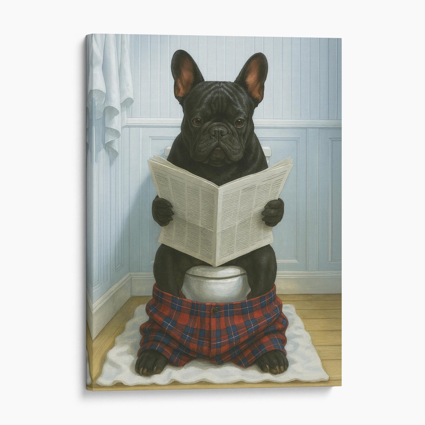 French Bulldog Reading The Newspaper On The Toilet
