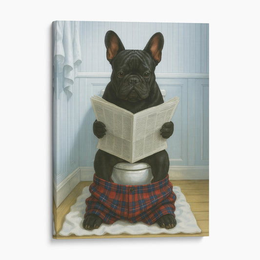 French Bulldog Reading The Newspaper On The Toilet