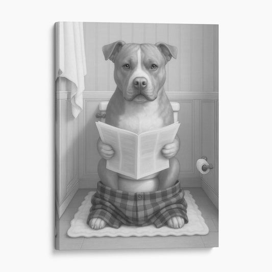 Pit Bull Dog Reading The Newspaper On The Toilet