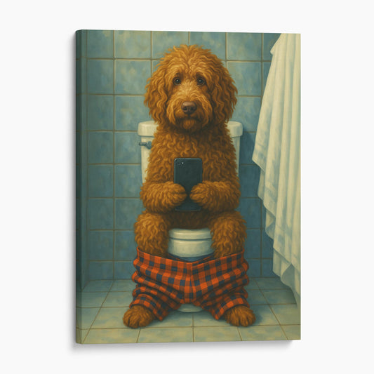 Labradoodle Dog On The Phone On The Toilet