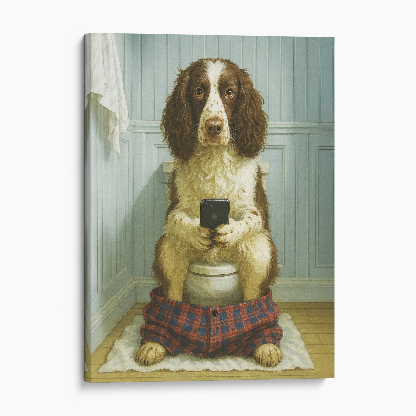 English Springer Spaniel Dog On The Phone On The Toilet