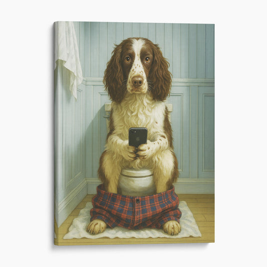English Springer Spaniel Dog On The Phone On The Toilet