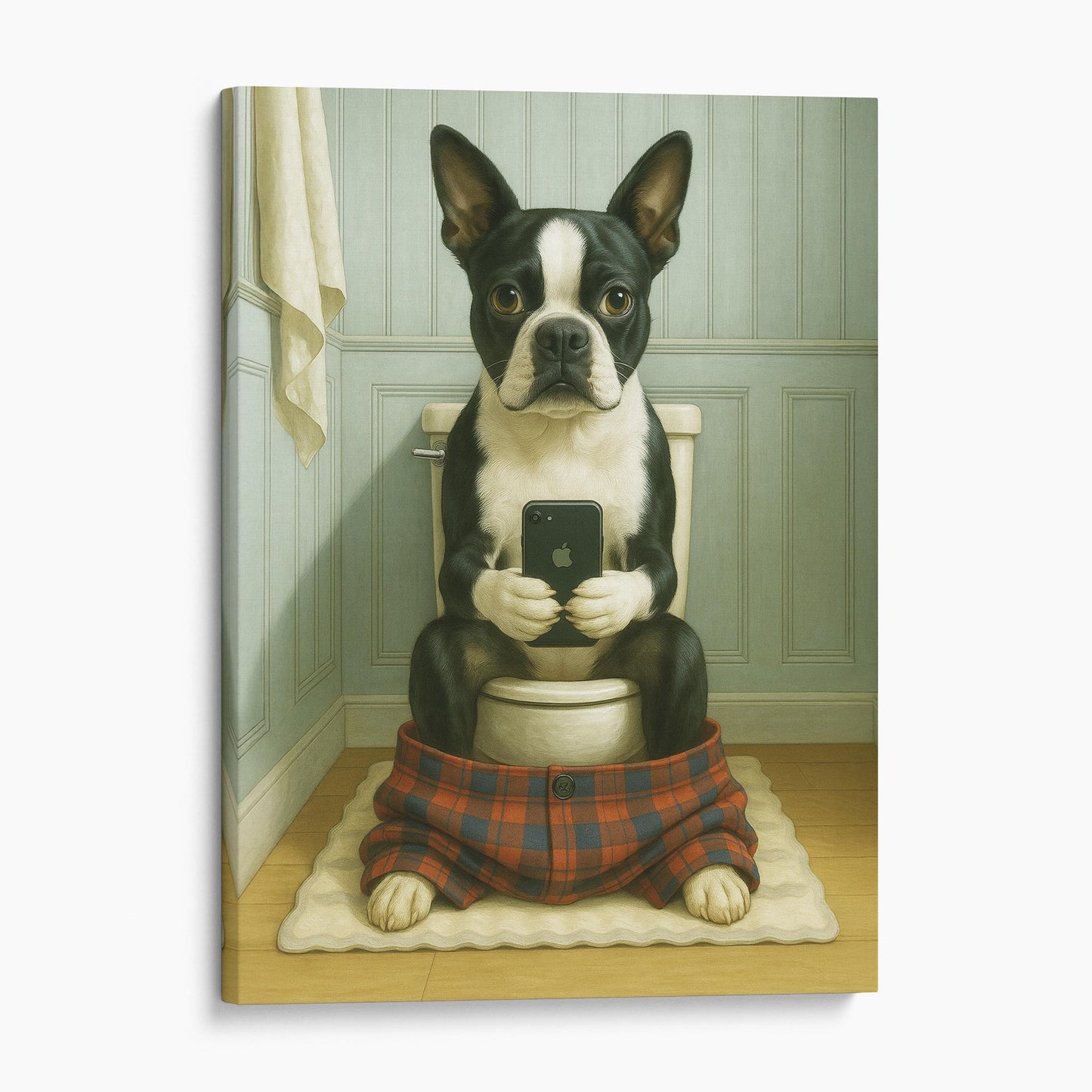 Boston Terrier Dog On The Phone On The Toilet