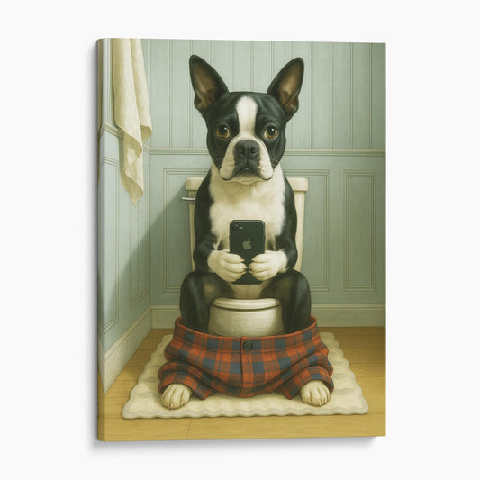 Boston Terrier Dog On The Phone On The Toilet