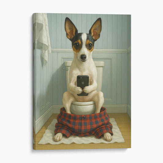 Toy Fox Terrier Dog On The Phone On The Toilet