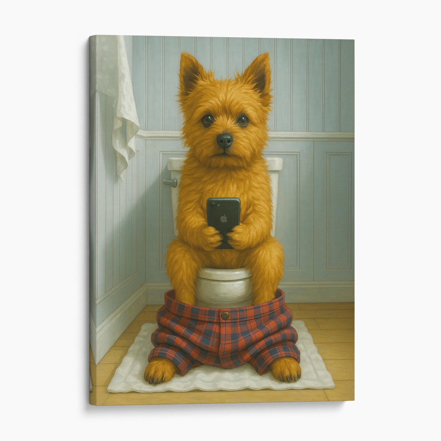 Norwich Terrier Dog On The Phone On The Toilet