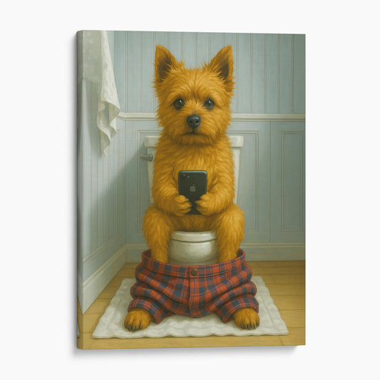 Norwich Terrier Dog On The Phone On The Toilet