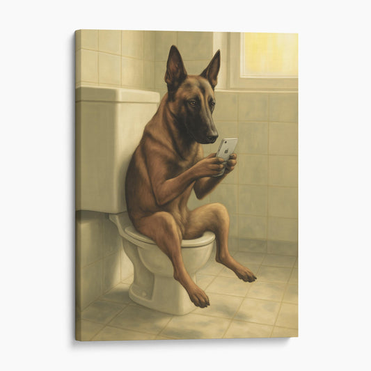 Belgian Malinois Dog On The Phone On The Toilet