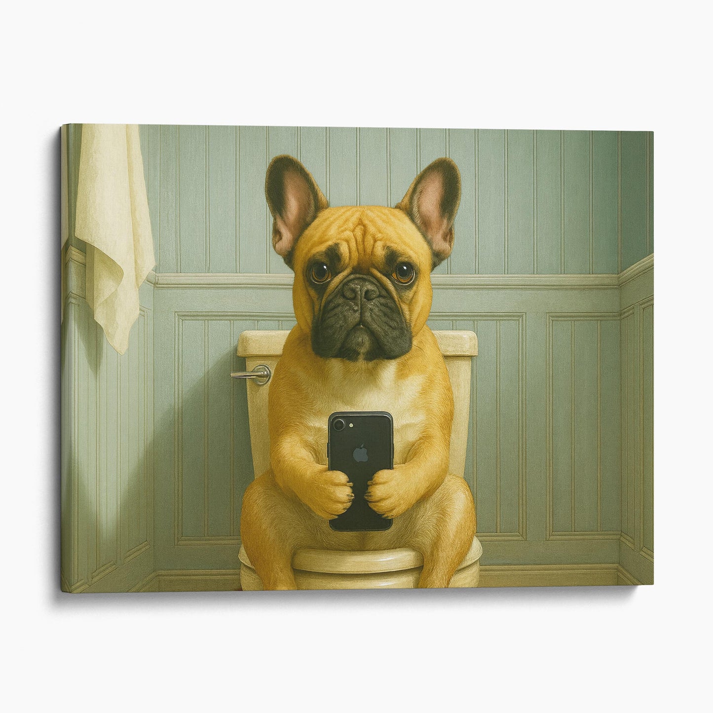 French Bulldog On The Phone On The Toilet