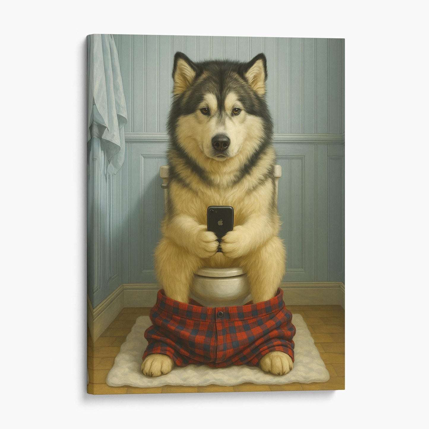 Alaskan Malamute Dog On The Phone On The Toilet