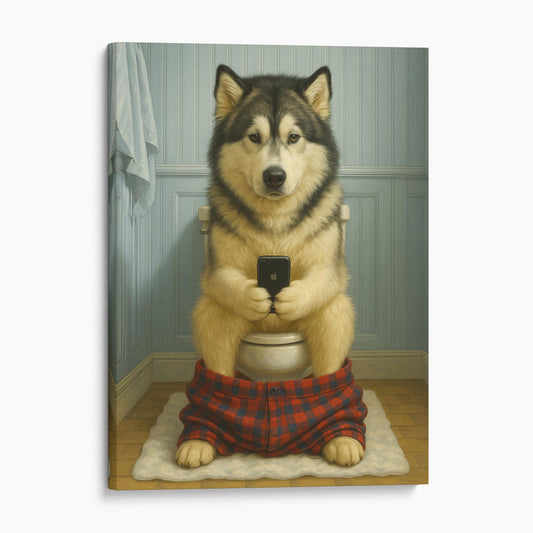 Alaskan Malamute Dog On The Phone On The Toilet