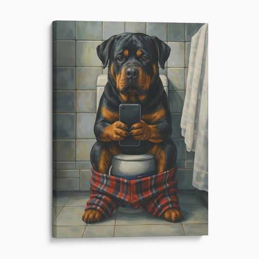 Rottweiler On The Toilet On The Phone