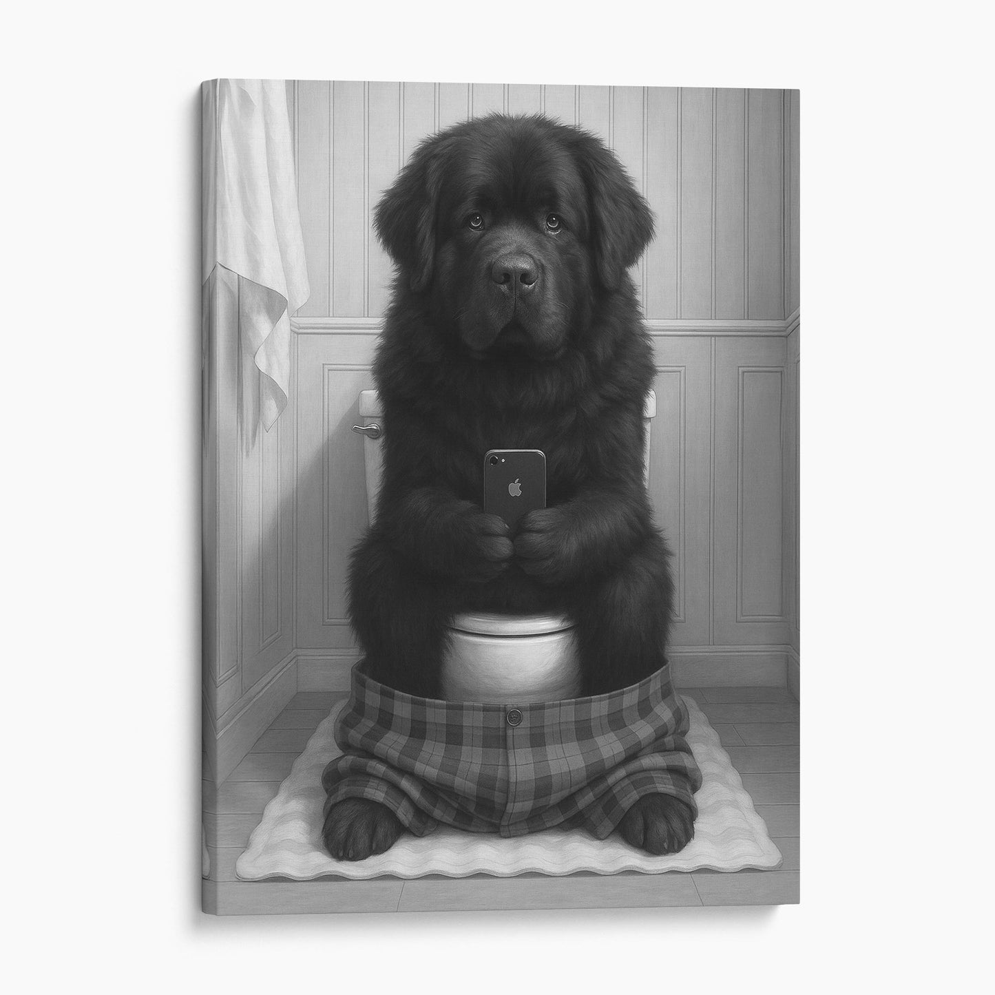 Newfoundland Dog On The Phone On The Toilet