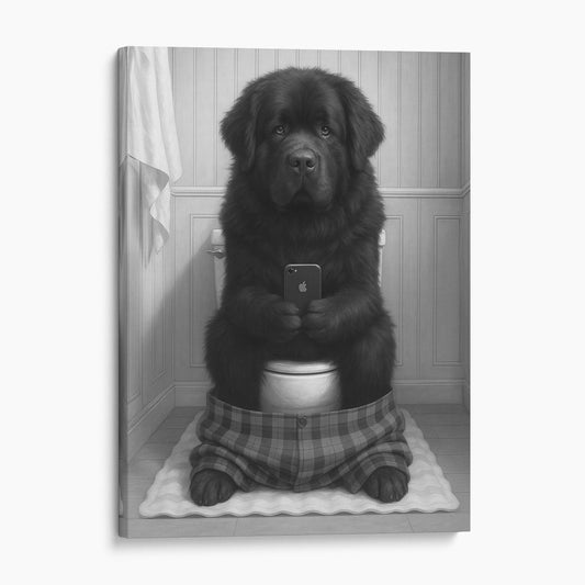 Newfoundland Dog On The Phone On The Toilet