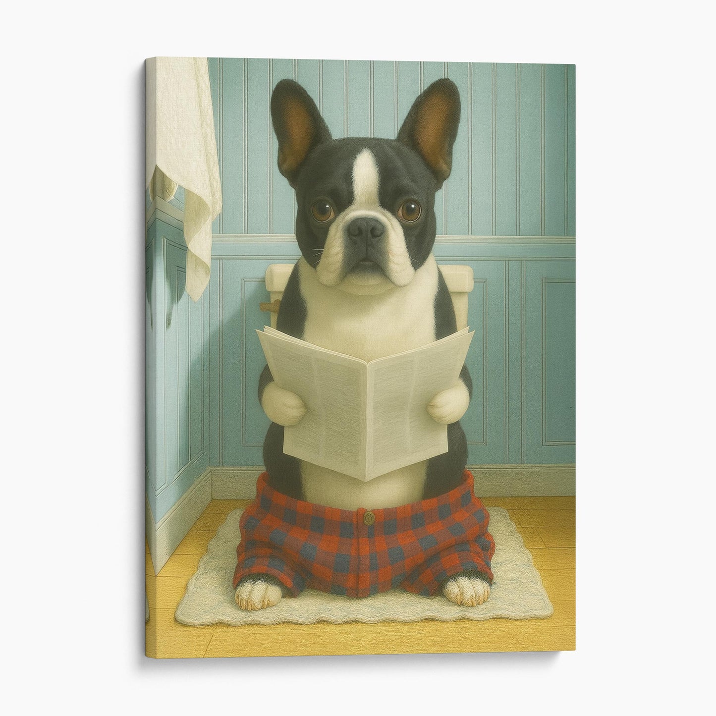 French Bulldog Reading The Newspaper On The Toilet