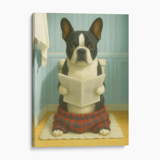 French Bulldog Reading The Newspaper On The Toilet
