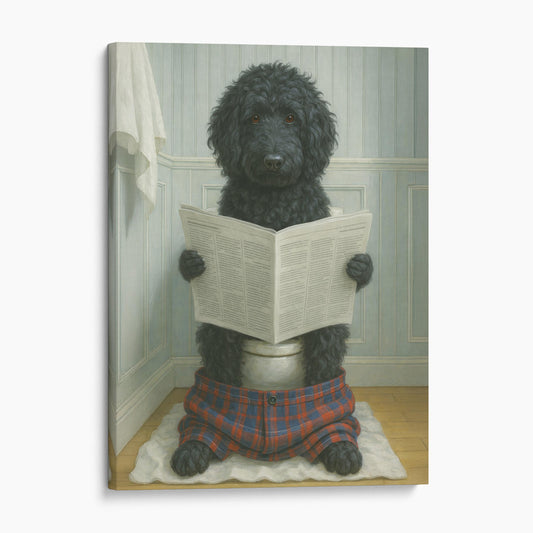 Black Golden Doodle Reading The Newspaper On The Toilet