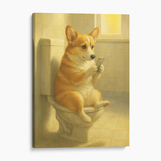 Corgi Dog On The Phone On The Toilet
