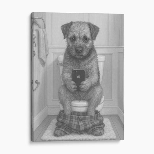Border Terrier Dog On The Phone On The Toilet