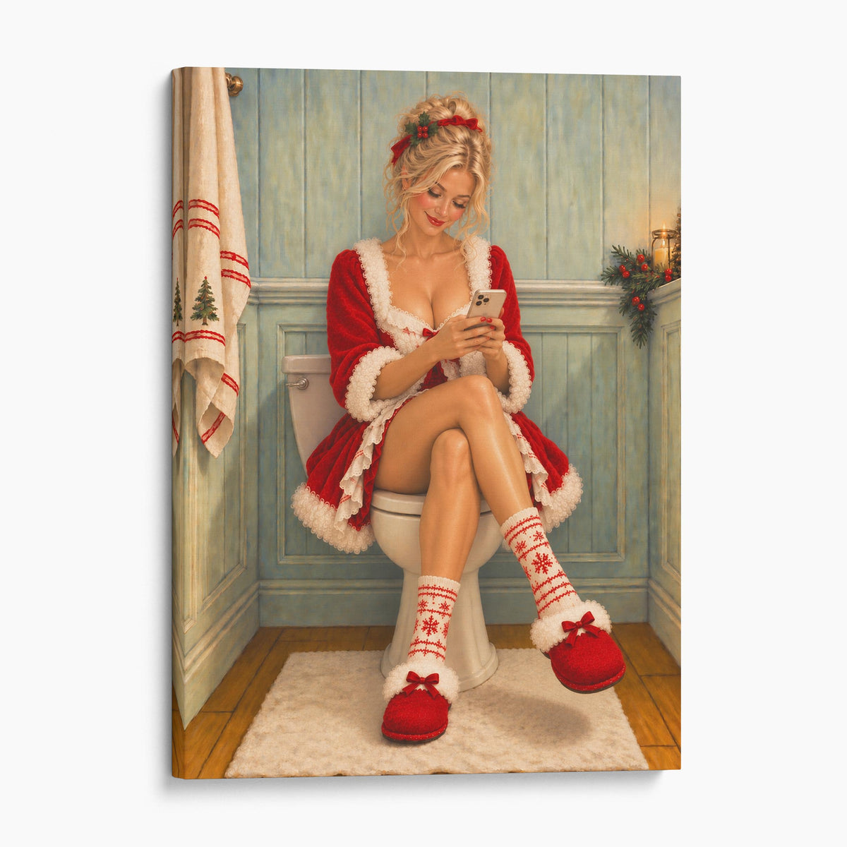 Young Mrs. Claus On The Phone On The Toilet