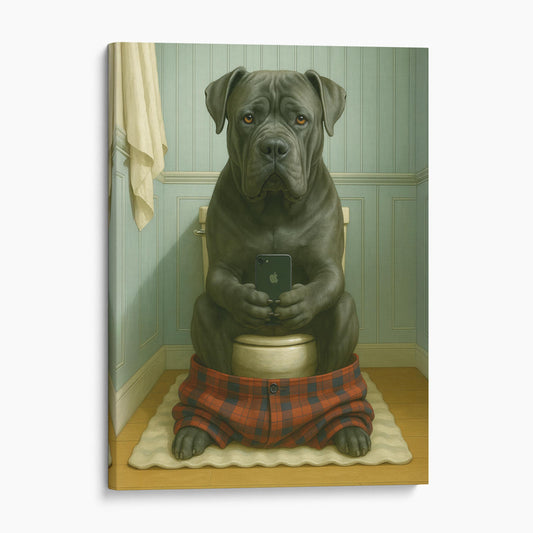 Cane Corso Dog On The Phone On The Toilet