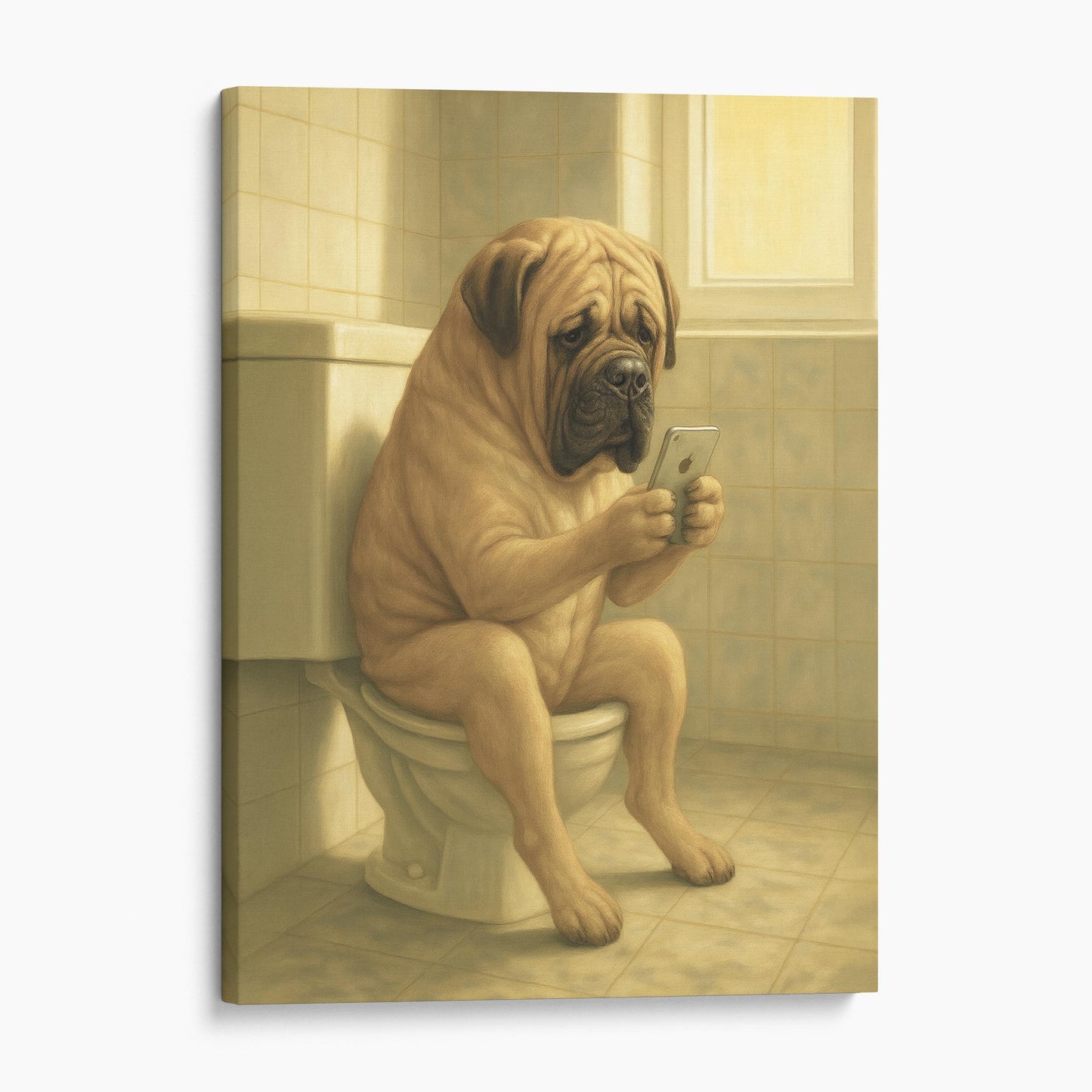 Mastiff Dog On The Phone On The Toilet