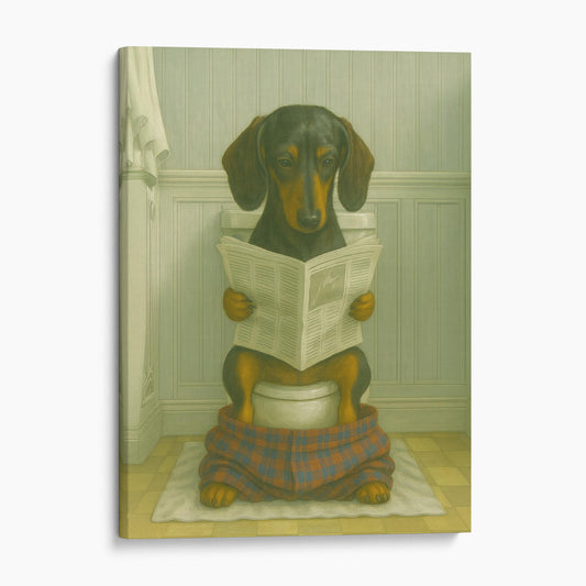 Dachshund Dog Reading The Newspaper On The Toilet