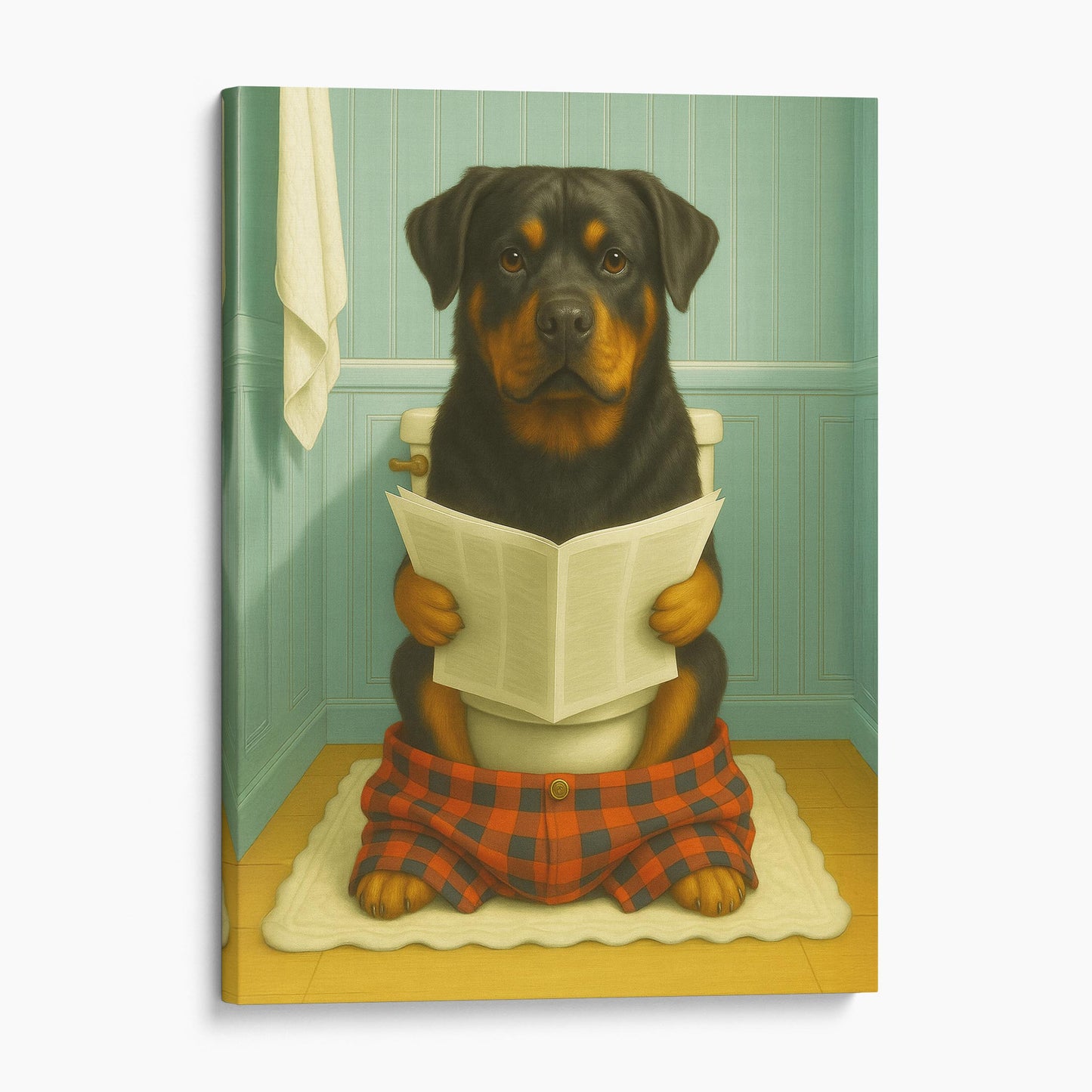 Rottweiler Dog Reading The Newspaper On The Toilet