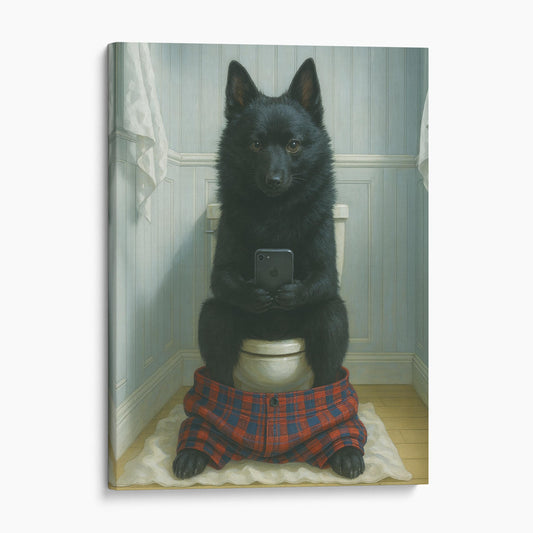 Schipperke Dog On The Phone On The Toilet