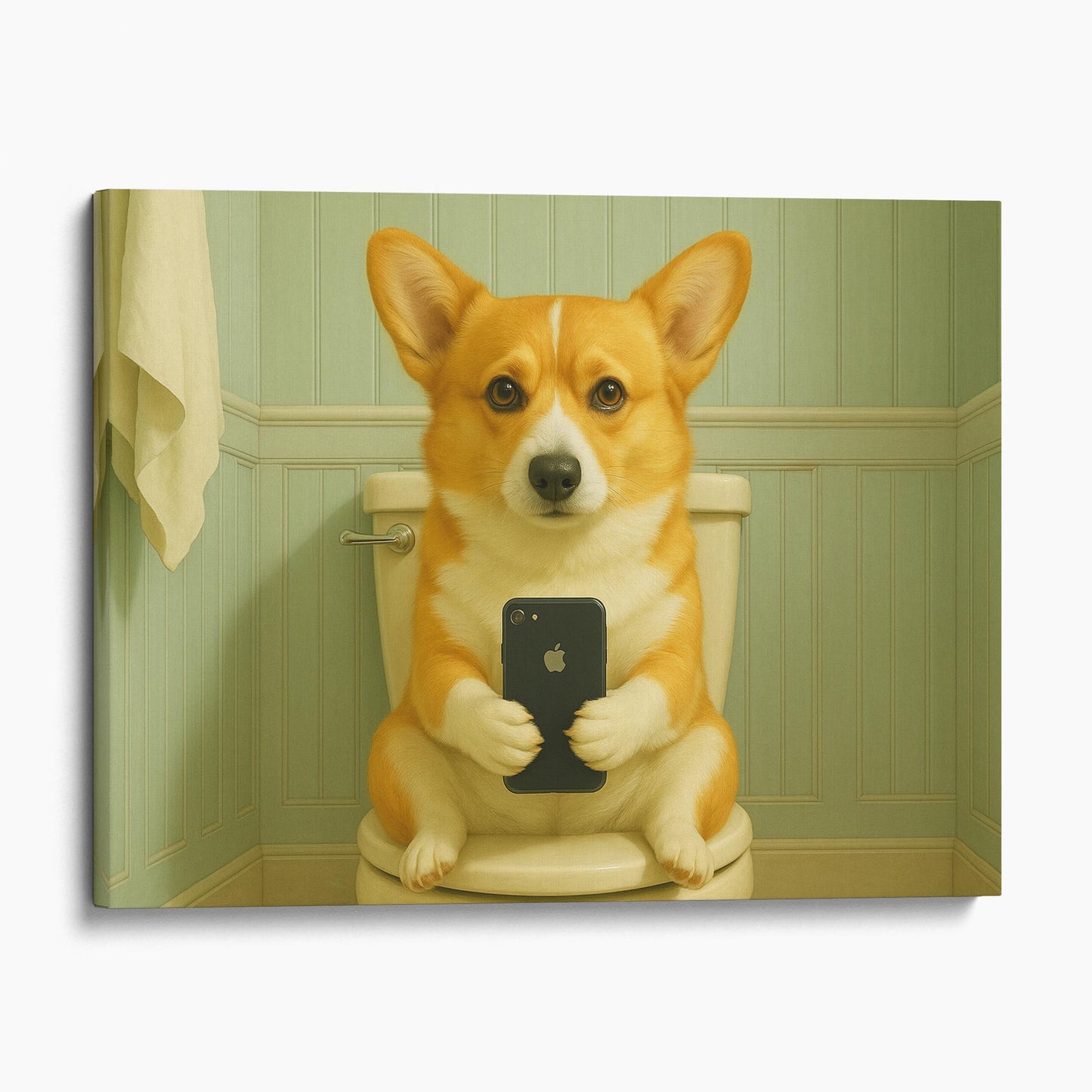 Corgi Dog On The Phone On The Toilet