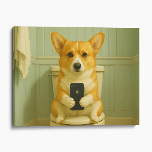 Corgi Dog On The Phone On The Toilet